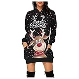 Damen Hoodie Kleid Pullover Langarm Sweatshirts Kapuzenpullover Tops Herbst Mini Kleid mit Weihnachten M