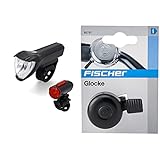 FISCHER USB Beleuchtungs-Set mit innovativer 360° Bodenleuchte für mehr Sichtbarkeit und Schutz | Frontlicht 50 Lux & Mini Fahrradglocke, schwarz, One S