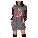 Weihnachtskleid Damen Sexy Hoodie Minikleid Langarm Weihnachtskostüm Fashion Weihnachtspullover Lang Weihnachten Sweatshirt Rentier Pullover mit Kapuze Xmas Casual Kapuzenp