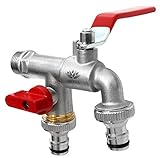 Premium 1/2 Zoll Doppel-Wasserhahn aus Messing rost-, und frostsicher + 2X Gratis Schlauchanschlüsse + Ebook | für Garten, Waschmaschine, Reg