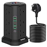 bedee Plug Tower Verlängerungskabel mit 1 USB C Slot (18 W), 4 USB Ports & 12 Steckdosen, Power Strip Tower mit 2 Einzelschalter & 5 m Verlängerungskabel, Schw