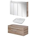 FACKELMANN braunes Badmöbel Set Stanford 3-TLG. mit Waschtisch Unterschrank hängend & Aufsatzwaschbecken 110 cm & LED Spiegelschrank