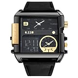 JSDDE Uhren Herren Armbanduhr LCD Digital+Quarz Dual Uhrwerk Echte Lederband Quarzuhr 3ATM Wasserdicht mit Kalender Datum Stoppuhr Fitness Armbanduhr (Schwarz-Schwarz Gold Dial)