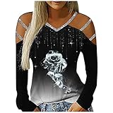 Masrin Trendige Oberteile Damen Sexy Bluse mit Rosenverlaufsdruck Pullover mit Pailletten Riemen Tunika Tops mit Langen Ärmeln aushöhlen Langarmshirts mit V Ausschnitt Schlanke Hemden S