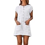 MAYOGO Damen Kleider Kleid Damen Sommer Baumwolle und Leinen Tshirt Kleider Kaftan Kleid Unifarben Kurzarm Tasche Sommerkleid Casual Jersey B