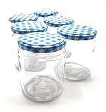 GET-GREEN Einmachgläser mit Metall-Schraubdeckel in Blau und Weiß, 6 Stück aus Glas, 250 ml, schön und elegant, Ø 70,5