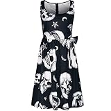 Frauen Halloween Skelett Print Totenkopf A-Linie Kleid Ballkleid 1950er Jahre Vintage Bowknot U-Ausschnitt Ärmelloses Cosplay Kostüm Abendkleider Freizeitkleid Schwingen Kleid (Black-02, XXL)