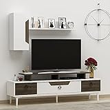 HOMIDEA Queen Wohnwand – Wohnzimmer TV Set – TV Schrank – TV Lowboard – Fernsehtisch - TV Möbel mit 3 Türen und Wandregal in glänzendem Design (Weiß/Nussbaum)