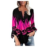 Primevip Damen Halloween Shirt, Langarm Knöpfe Top Bluse T-Shirt Casual Activewear Pullover(Violett-A,S)