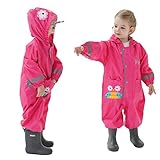 Baogaier Regenmantel Kapuze Baby Mädchen Atmungsaktiv Wasserdicht Leicht Regenanzug Einteilig Outdoor Regenponcho Overall Regen Softshelljacke Rosenrot Eule für Sport Schulaktivität Kinder 1-2 J