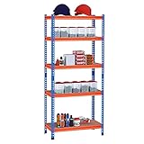 HOMCOM Lagerregal aus Metall, 80 x 40 x 182 cm, mit 5 Ebenen höhenverstellbar, maximale Traglast pro Regal, 300 kg, für Lagerräume, Garage, Blau und Orang