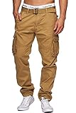 Indicode Herren William Cargohose aus Baumwolle m. 7 Taschen inkl. Gürtel | Lange Regular Fit Cargo Hose Baumwollhose Freizeithose Wanderhose Trekkinghose Outdoorhose für Männer Amber M