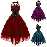 Gothic Kleidung Damen, Frauen Gothic-Stil Sexy Kleid Asymmetrischer Spitzennähte Chiffon-Kleid Sexy Mode Abendkleid Party Knielang Kleid Sexy Ärmelloses Kleid Karneval Kostüme für Cosplay Party Club