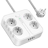 Cytteroa Steckdosenleiste, Steckdosenverteiler Steckerleiste mit Überstromschutz Mehrfachsteckdose mit Save Energy-Schalter zum Stromsparen Kabel 1.8m Kindersicherung Neuer Flachstecker(Weiß)