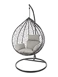 Kideo Komplettset: großer Hängesessel mit Gestell & Kissen, Indoor & Outdoor, Poly-Rattan (Korb & Gestell: grau, Kissen: grau Nest (8010_Cloud))