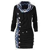 SEEGOU Damen Herbst Winter Bodycon Rock Langarm Blusenkleid mit Knopf Plaid Printed T-Shirt Kleid Stitching Sweatshirt Revers Kordelzug Tops Schlank Knielang Freizeitkleid Knopfk