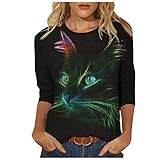 Damen Tops Casual Cat Print Loose Pullover Shirt Casual Langarm O-Ausschnitt T-Shirt Bluse(M,Schwarz)