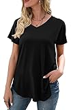 Damen Oberteile Sport T-Shirt Kurzarm Laufshirt V-Ausschnitt Casual Locker Basic Shirt Tunika Tops Lose Kurzärmeliges Einfarbiges(A-Schwarz,S)