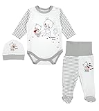 TupTam Baby Unisex Bekleidungsset mit Aufdruck 3 TLG, Farbe: Streifenmuster Grau/Bärchen Herz, Größe: 62