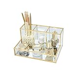 Kosmetikorganiser - HARLIANGXY - Make up Organizer - Beauty Organizer Tray - Pinselhalter Gold - Glas Kosmetikbox - Schmink Aufbewahrung - Klar Dekoratives Tablett - 20 x 14 x 10