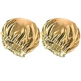 2 Stück Schlafmütze Damen, Doppelschicht Satin Bonnet Schlafhaube Seide Nachtmütze Haarhaube für Lockige Haare (Champagner & Beige)