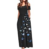 Damen Sommerkleid A-Linie Hohe Taille Maxikleid Damen Elegant Bodenlänge Lang Kleid, O-Ausschnitt Kurzarm Aushöhlen Freizeit Strandkleid Lose Saum Plissee Kleid Frauen Abendkleid Partyk