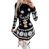 EMATOP Weihnachtskleid Damen Strickkleid Rundhals Kleid Langer Pulloverkleid Lässiges Mode Kleider Pullover Frauen Pullikleid Wickelkleid Weihnachtsmann Muster Herbstkleid für Freizeit Party