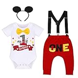 Baby-Kostüm für Jungen zum ersten Geburtstag, Mickey Kostüm, mit Fliege, Strampler + verstellbare Y-Hosenträger + Hose + Maus-Ohren + Stirnband, Rot/Weiß, 6-12 M