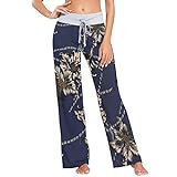 REFFW Damen dehnbare breite Bein-Lounge-Hosen elastischewaist, japanische Marineblau-Kunst-Blumen-abstrakte W