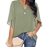 Damen Kurzarm Elegant Casual Einfarbig V-Ausschnitt Chiffon Shirt Damen N
