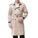 AOWOFS Herren Trenchcoat Lang Slim Fit Zweireihiger Mantel im Militärischen Stil Trench Coat mit Gürtel Herbst Frühling