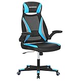 SONGMICS Bürostuhl mit Netzbespannung, Stuhl mit Kopfstütze und Armlehne, höhenverstellbar, um 360° drehbar, mit Wippfunktion, bis 130 kg belastbar, ergonomisch, schwarz-hellblau-grau OBN086B03