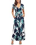 OUGES Sommerkleid Damen Kurzarm V-Ausschnitt Kleider Casual Boho Kleid Maxikleid mit Taschen(Feder, XL)