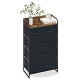 Kommode mit 5 Schubladen Wildleder Stoffschrank Sideboard Vintage Highboard Metall Mehrzweckschrank Container Schränke Organizer, Küche Schlafzimmer Büro Wohnzimmer Schwarz + Grau Holz + S