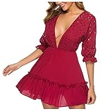 Uomitaff Kuchen offener Rücken Kleid, Damen sexy V-Ausschnitt Kleid Hohle Stickerei offener Rücken Mini Kuchen Rock Damen Party Mesh offener Rücken sexy