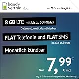 handyvertrag.de LTE All 8 GB - monatlich kündbar (Flat Internet 8 GB LTE mit max. 50 MBit/s mit deaktivierbarer Datenautomatik, Flat Telefonie, Flat SMS und EU-Ausland, 7,99 Euro/Monat)