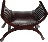 GURU SHOP Sitzbank im Kolonialstil Klein mit Gepolsterter Ledersitzfläche - Modell 6, Braun, 60x60x40 cm, Sitzmöb