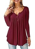 Amoretu Bluse Damen Langarm Tunika Elegantes Oberteil V Ausschnitt Knopfleiste Shirt Weinrot XL