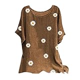 Kanpola Leinen Top Bluse Damen Kurzarm Oversize Shirt Sommer Blumen T-Shirt Rundhals Longshirt Retro Casual ÜBergrößE Oberteile Loose F