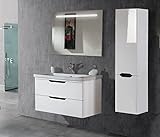 Badmöbel Set Waschbecken mit Unterschrank 105cm mit LED Spiegel 100cm 1x Seitenschrank Weiß Hochglanz MDF Holz Schlicht M