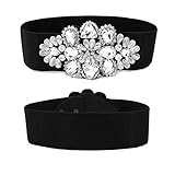 Sethexy Schwarzer Stretchgürtel für Damen Strass Breite Gürtel mit Blumen Kristall Hüftgurt Cinch-Gürtel für Kleid (Schwarz, S)