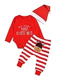 Ttkgyoe Mein erstes Weihnachten Baby Mädchen Jungen Red Romper mit Streifen Hosen und Hut 3Pcs Newborn Outfit Set,Rot,0-3 Monate(Etikette 70)