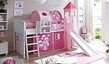 Hochbett mit Rutsche und Turm Spielbett Ekki Landhaus Kiefer massiv Weiss mit Farbauswahl, Vorhangstoff:Horse Pink