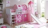 Hochbett mit Rutsche und Turm Spielbett Ekki Landhaus Kiefer massiv Weiss mit Farbauswahl, Vorhangstoff:Horse Pink