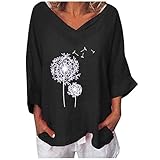 Masrin Damen Baumwolle und Leinen Tops Vintage Plus Size Blumendruck T-Shirt Einfarbige V-Ausschnitt 3/4 Ärmel lose Tunika Bluse(XXXXL,Schwarz)