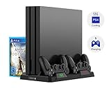 PlayStation Vertikaler Ständer Ladestation, Lüfter Kühler Standfuß, 16x Blu-Ray spiele Hüllen Stand mit Dual Charger Ladegerät für DualShock 4 Controller und PS4, PS4 Slim, PS4