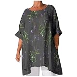 Damen Oberteile Vintage T-Shirt mit Blumendruck Sommer-Pullover mit O-Ausschnitt und Dreiviertelärmeln mit Taschen Plus Size Lockere Lange Tunika-Bluse XL-5XL(XL,Grau)