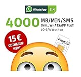 WhatsApp SIM Prepaid [SIM, Micro-SIM, Nano-SIM] - Starterpaket mit 15 EUR Guthabenwert, ohne Vertragsbindung, Option mit 4000 Einheiten (MB/MIN/SMS), Surf-Geschwindigkeit: 25 MBit/s LTE
