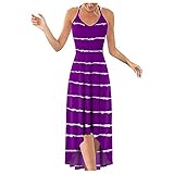 Sommerkleid Damen Schulter Ärmelloses V-Ausschnitt Maxikleider Trägerlos Open Back Beach Gestreiftes Kleid Unregelmäßiger Sexy Sling Print Dress Elegant Basic Casual Oberteile (Lila, 48)