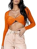 Damen Sexy Crop Top Twist Front Langarm Freiliegender Nabel Mode Bodycon Bluse Y2k Einfarbig T-Shirt Tops Streetwear, Orange, S